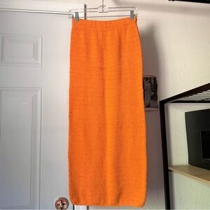 EUNOIA orange crochet open chunky knit bodycon midi maxi skirt